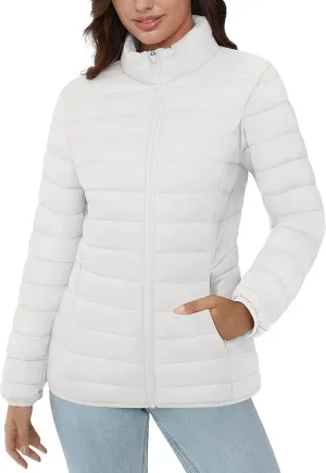 MAGCOMSEN Women's Puffer Jacket Lightweight Quilted Padded 4 Pockets Zip-up Stand-collar Winter Fleece Coat
