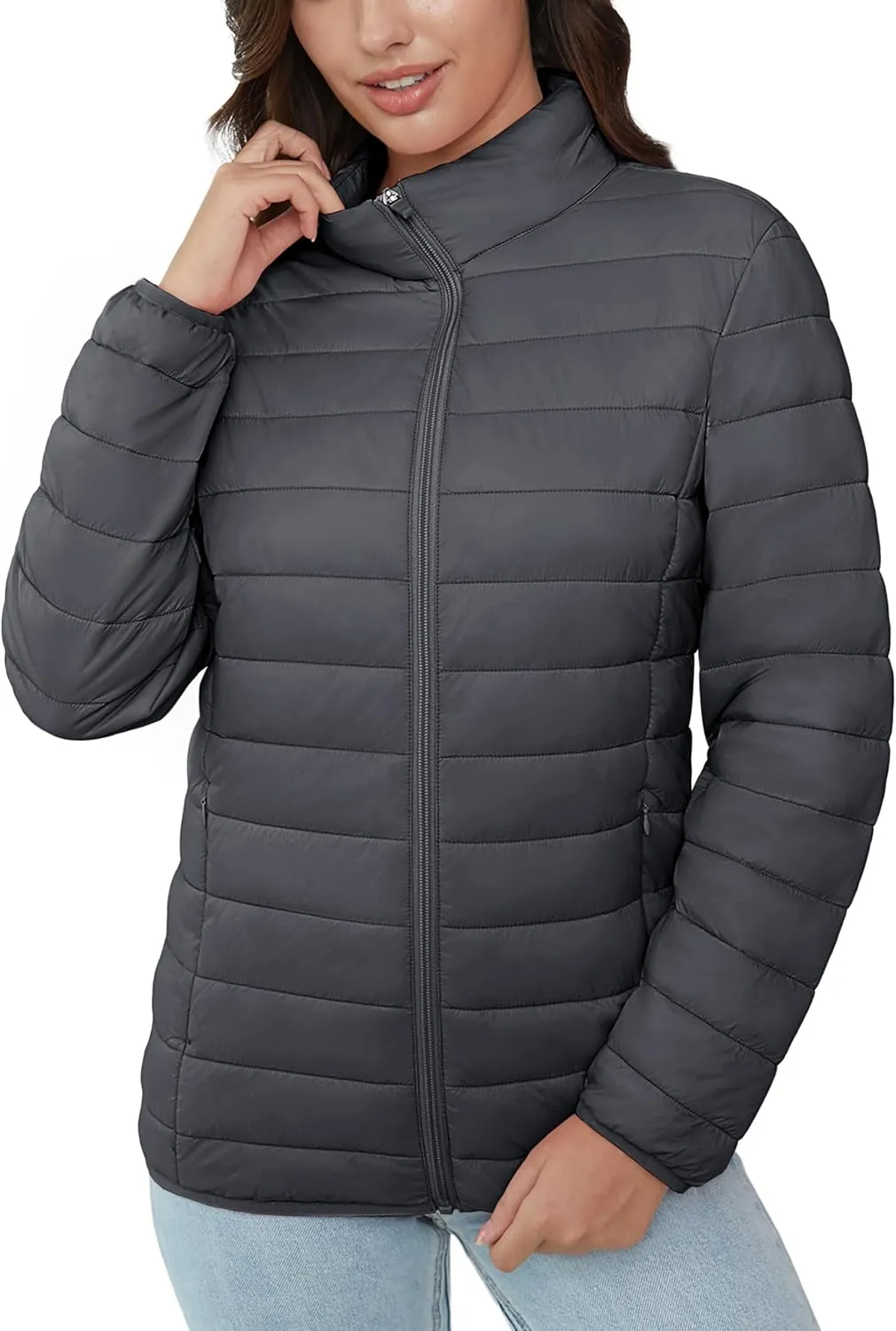 MAGCOMSEN Women's Puffer Jacket Lightweight Quilted Padded 4 Pockets Zip-up Stand-collar Winter Fleece Coat
