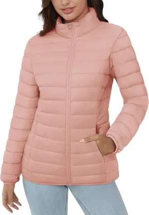 MAGCOMSEN Women's Puffer Jacket Lightweight Quilted Padded 4 Pockets Zip-up Stand-collar Winter Fleece Coat