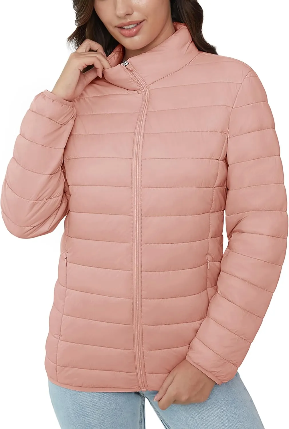MAGCOMSEN Women's Puffer Jacket Lightweight Quilted Padded 4 Pockets Zip-up Stand-collar Winter Fleece Coat