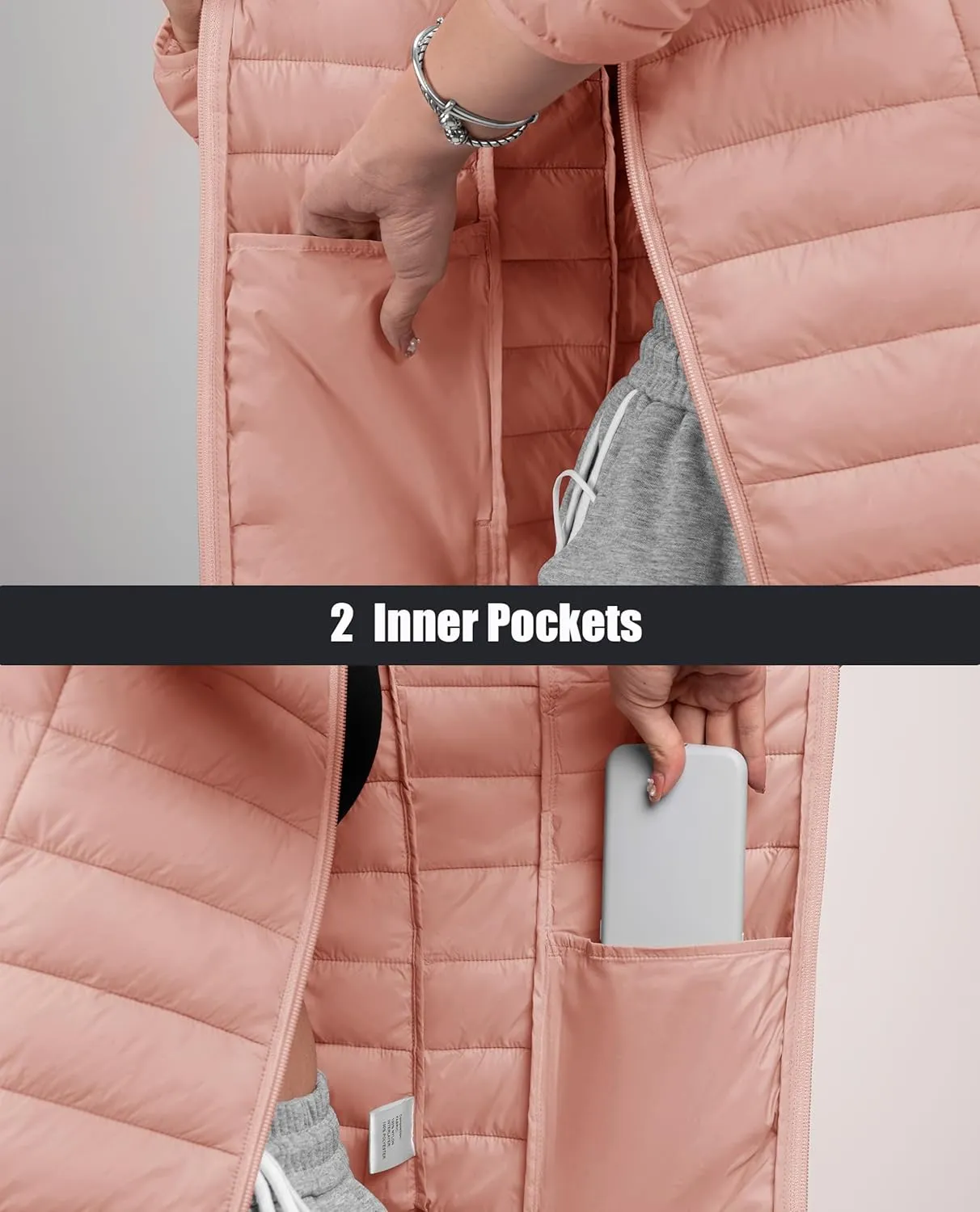 MAGCOMSEN Women's Puffer Jacket Lightweight Quilted Padded 4 Pockets Zip-up Stand-collar Winter Fleece Coat