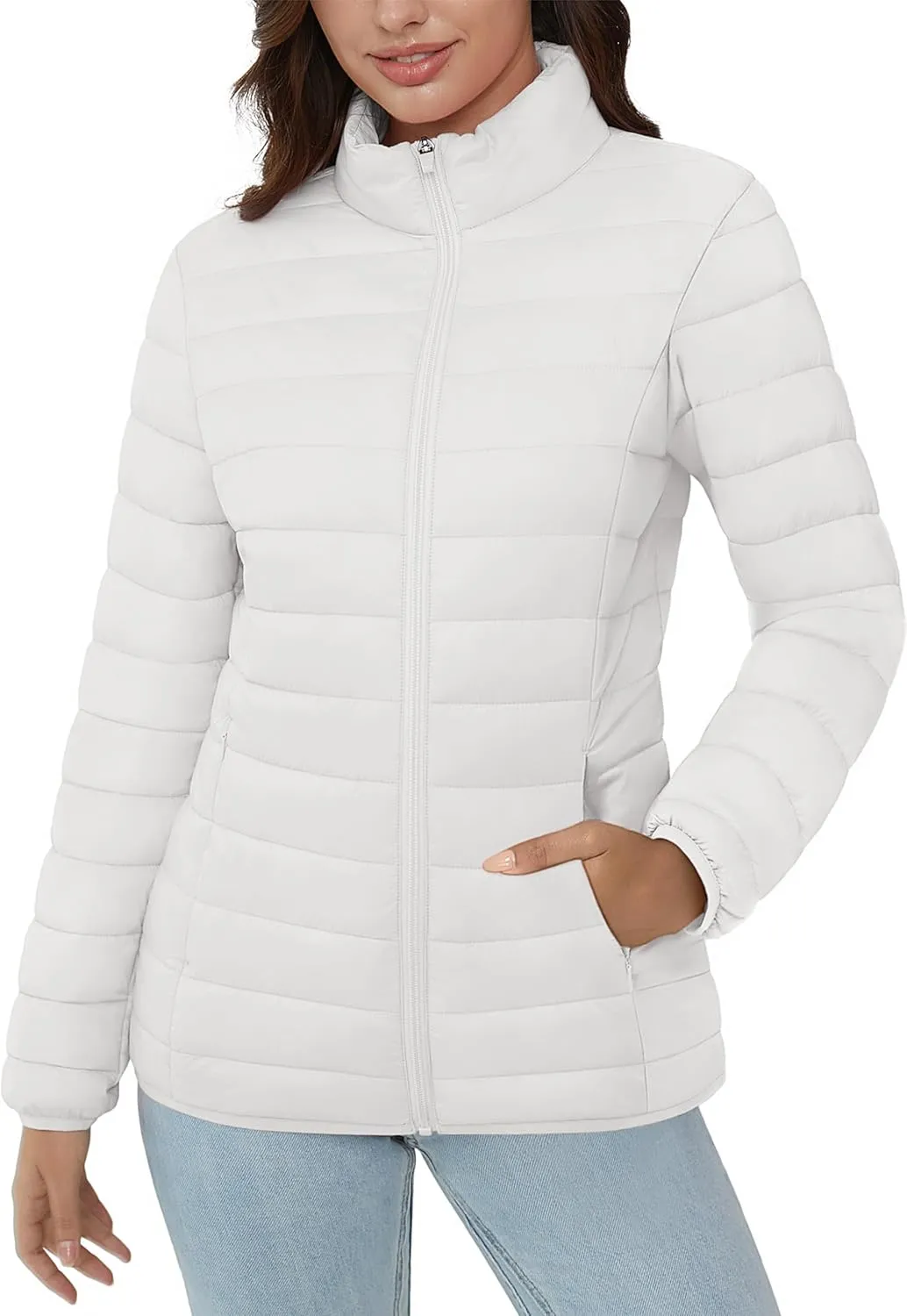 MAGCOMSEN Women's Puffer Jacket Lightweight Quilted Padded 4 Pockets Zip-up Stand-collar Winter Fleece Coat