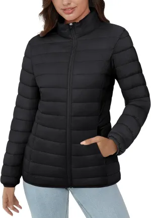 MAGCOMSEN Women's Puffer Jacket Lightweight Quilted Padded 4 Pockets Zip-up Stand-collar Winter Fleece Coat