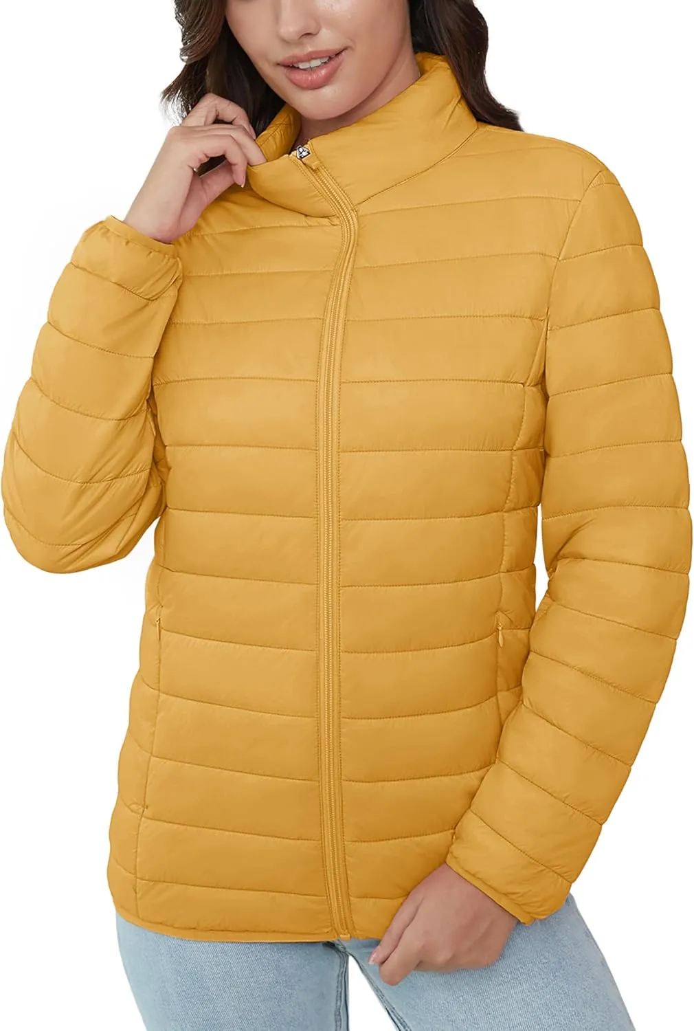 MAGCOMSEN Women's Puffer Jacket Lightweight Quilted Padded 4 Pockets Zip-up Stand-collar Winter Fleece Coat