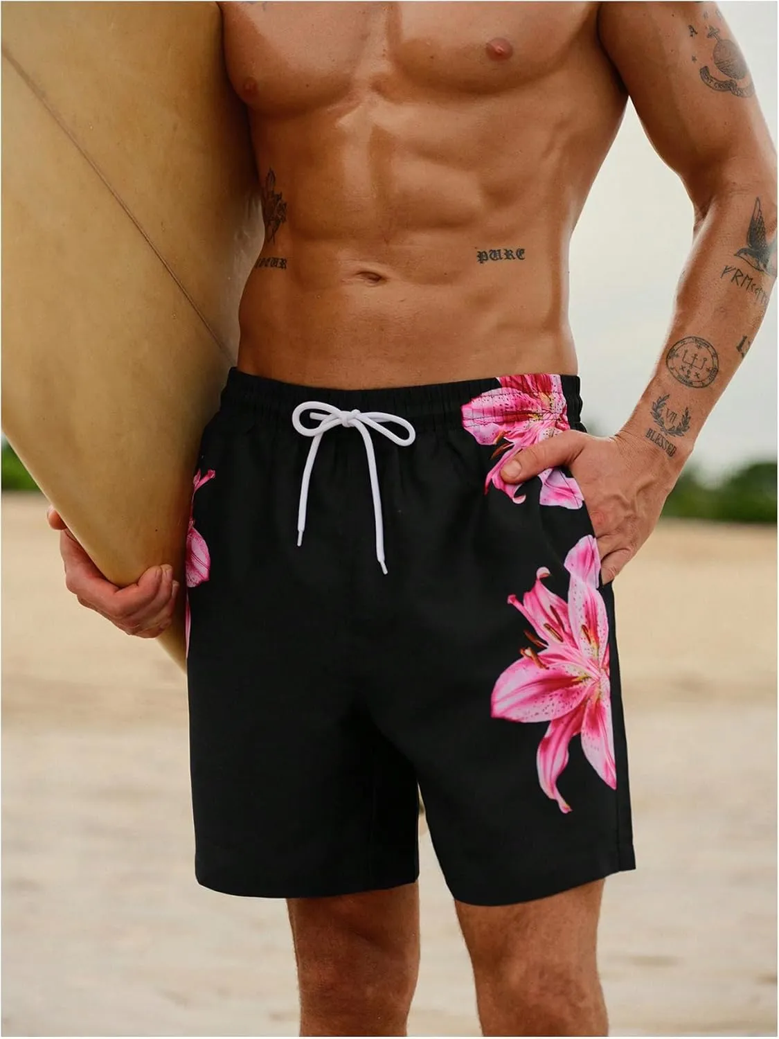MakeMeChic Men's Swim Trunks Floral Swim Shorts Beach Board Shorts Swimwear