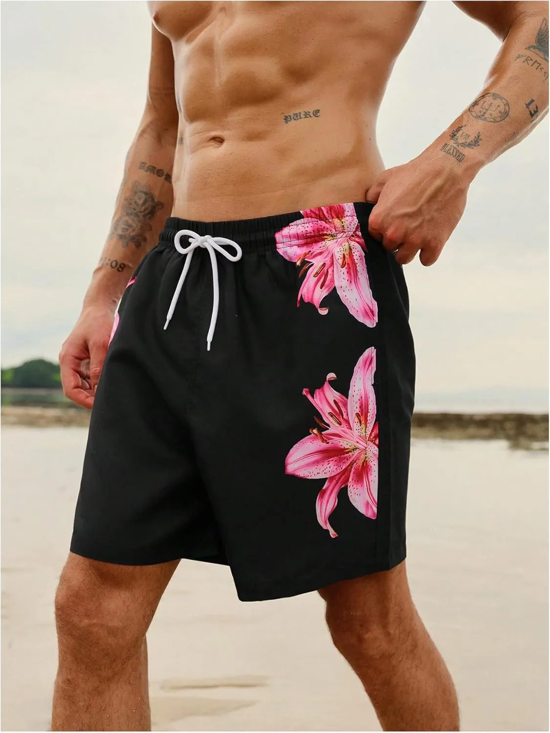 MakeMeChic Men's Swim Trunks Floral Swim Shorts Beach Board Shorts Swimwear
