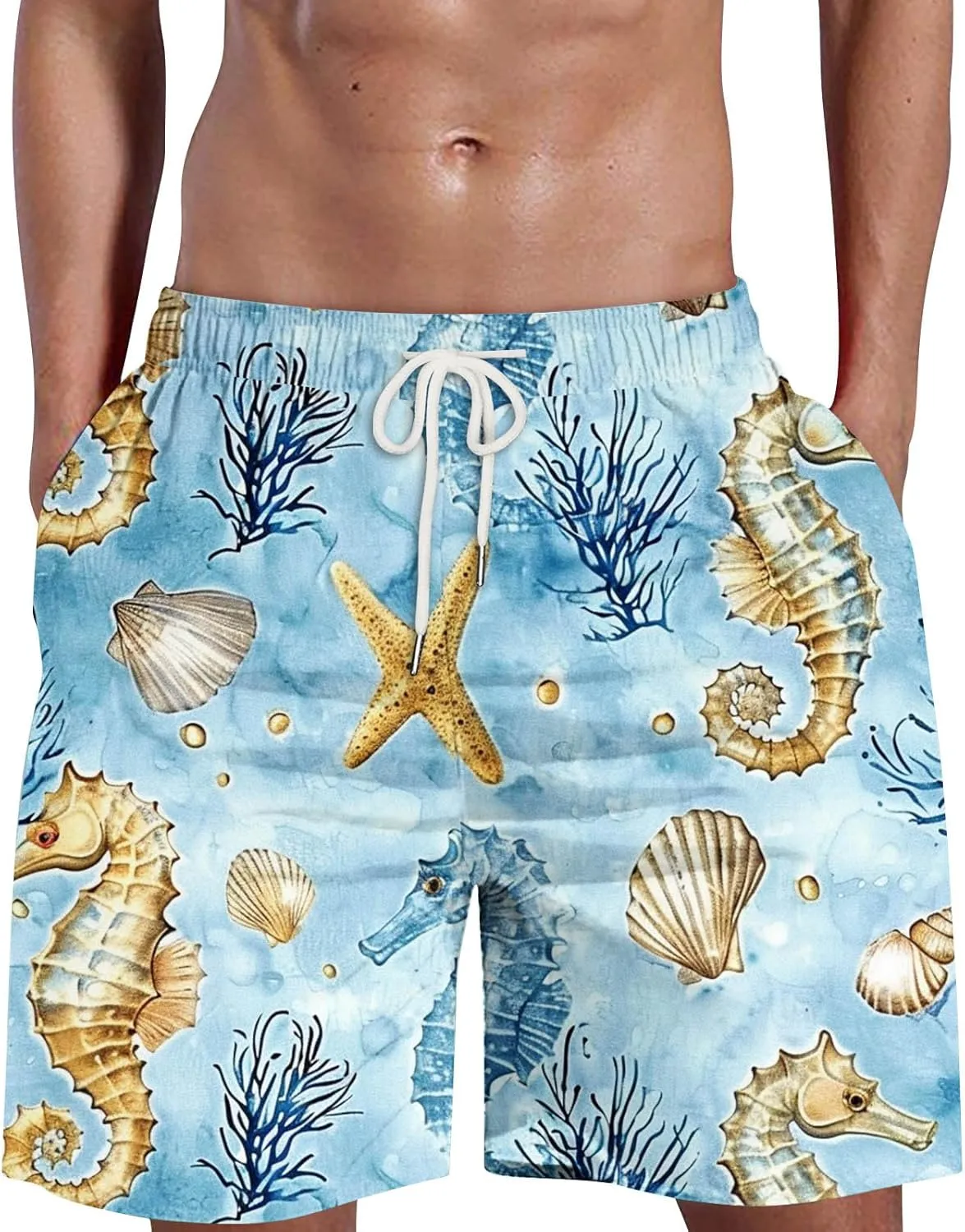 Man Man Fashion Casual Breathable Mesh Printed Beach Shorts Beach Pants Pants White Beach Shorts Drawstring Elastic