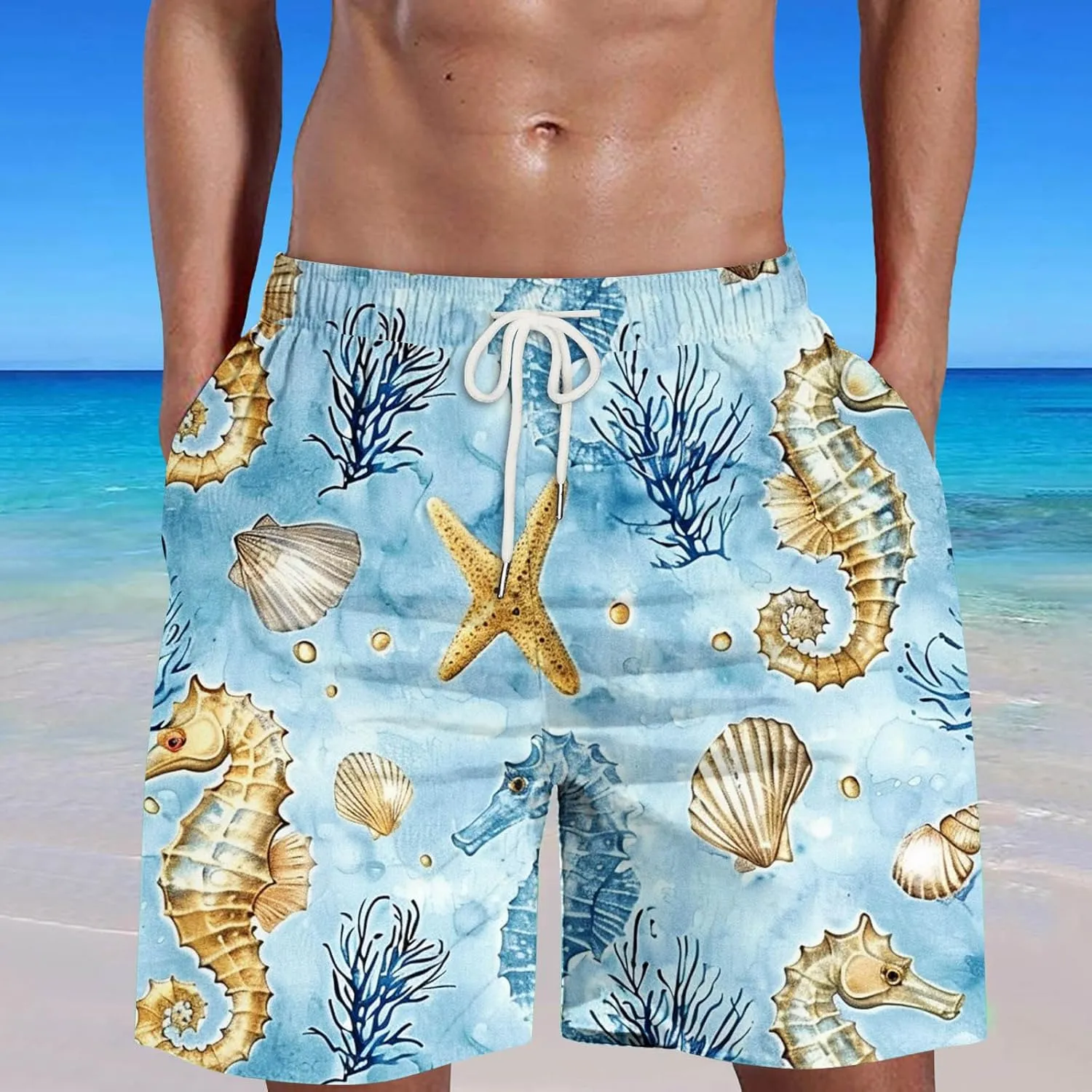 Man Man Fashion Casual Breathable Mesh Printed Beach Shorts Beach Pants Pants White Beach Shorts Drawstring Elastic
