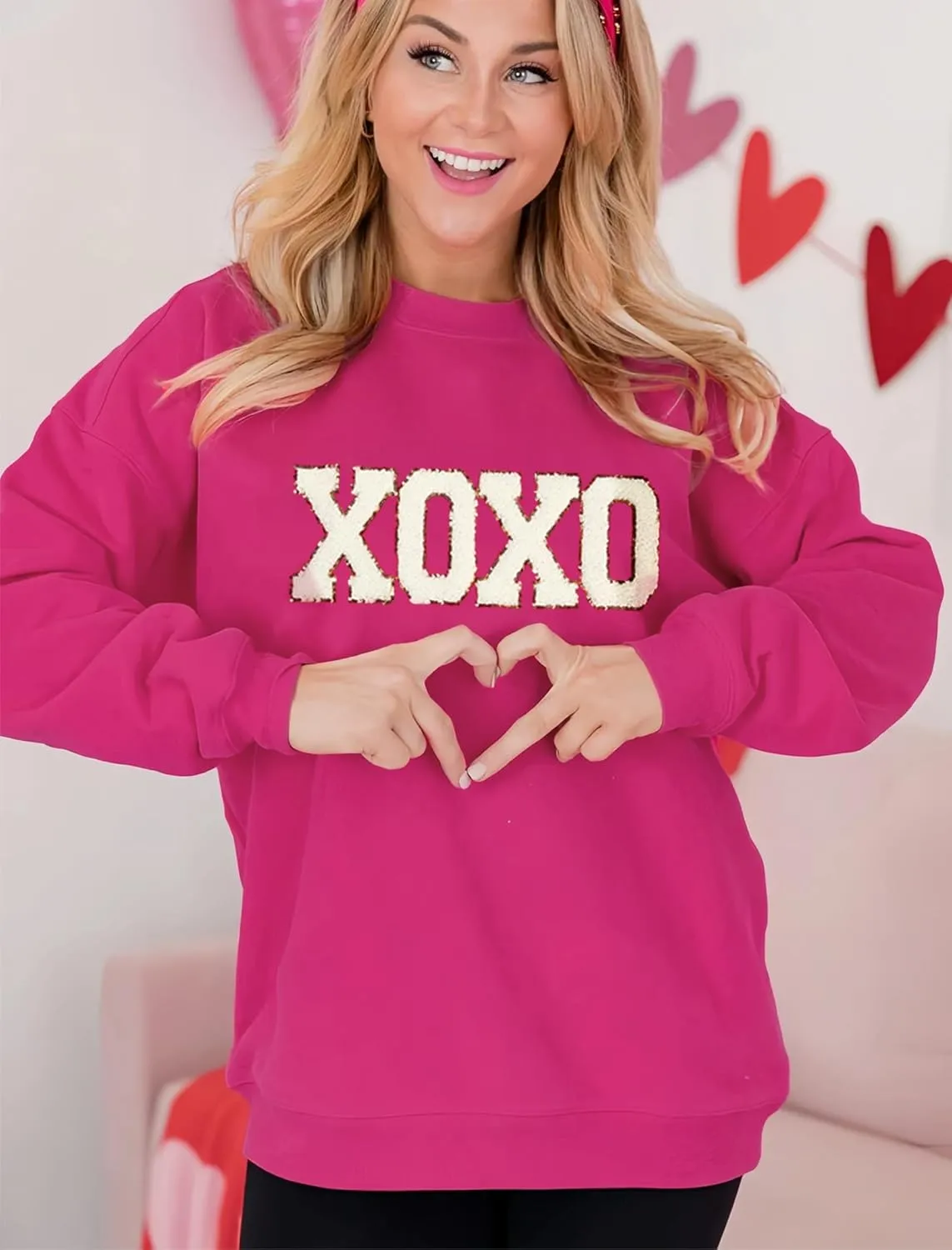 MAPICK Valentine Sweatshirts for Women Funny Letter Printed Chenille Patch Pullover Sweaters Long Sleeve Oversized Tops