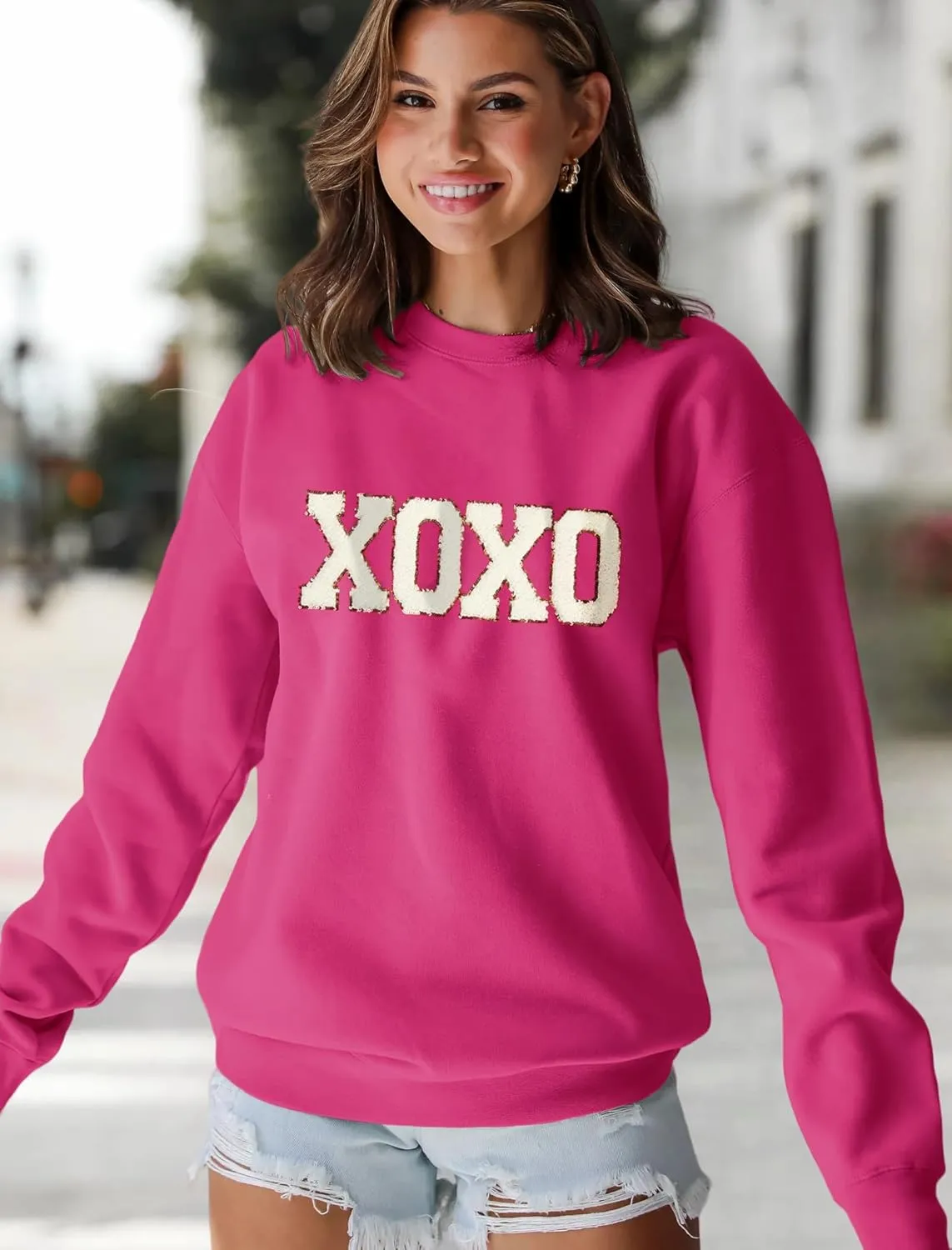 MAPICK Valentine Sweatshirts for Women Funny Letter Printed Chenille Patch Pullover Sweaters Long Sleeve Oversized Tops