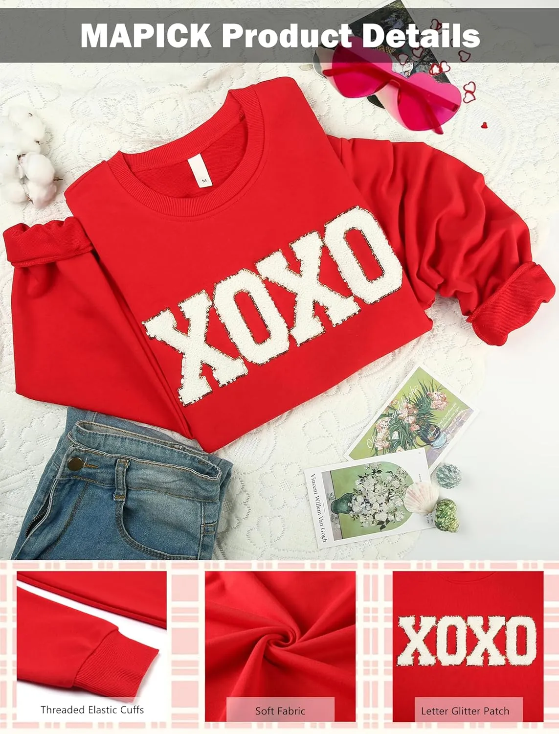 MAPICK Valentine Sweatshirts for Women Funny Letter Printed Chenille Patch Pullover Sweaters Long Sleeve Oversized Tops