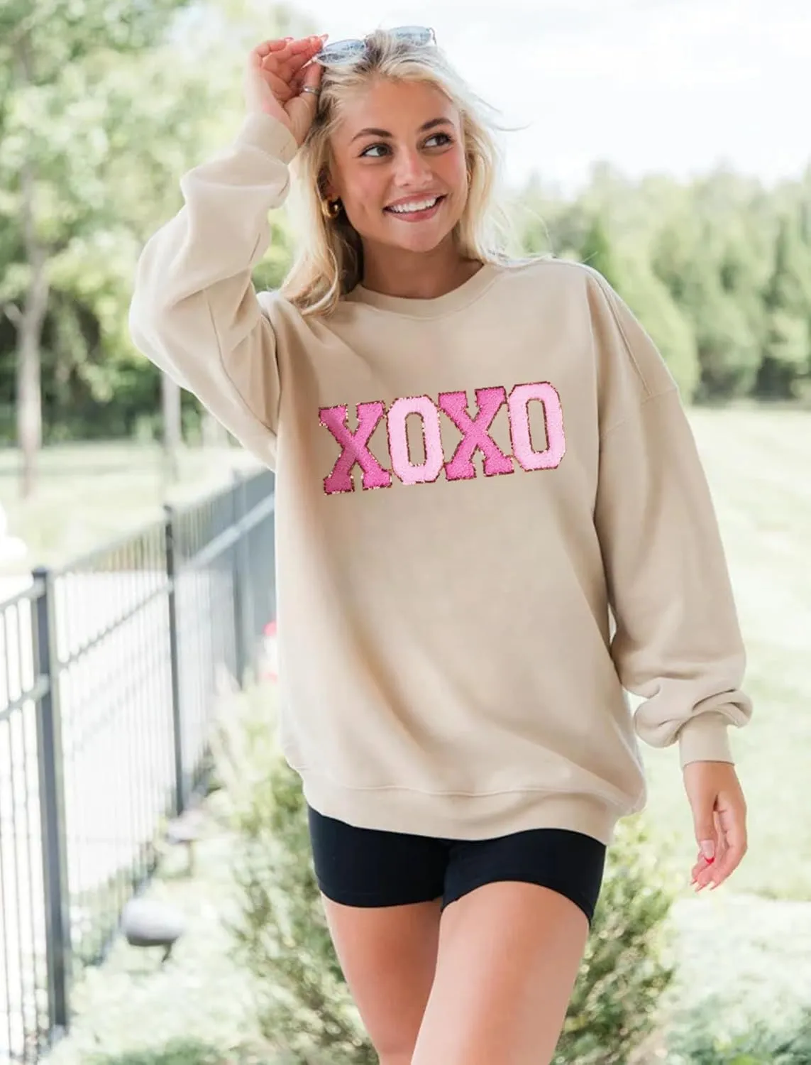 MAPICK Valentine Sweatshirts for Women Funny Letter Printed Chenille Patch Pullover Sweaters Long Sleeve Oversized Tops