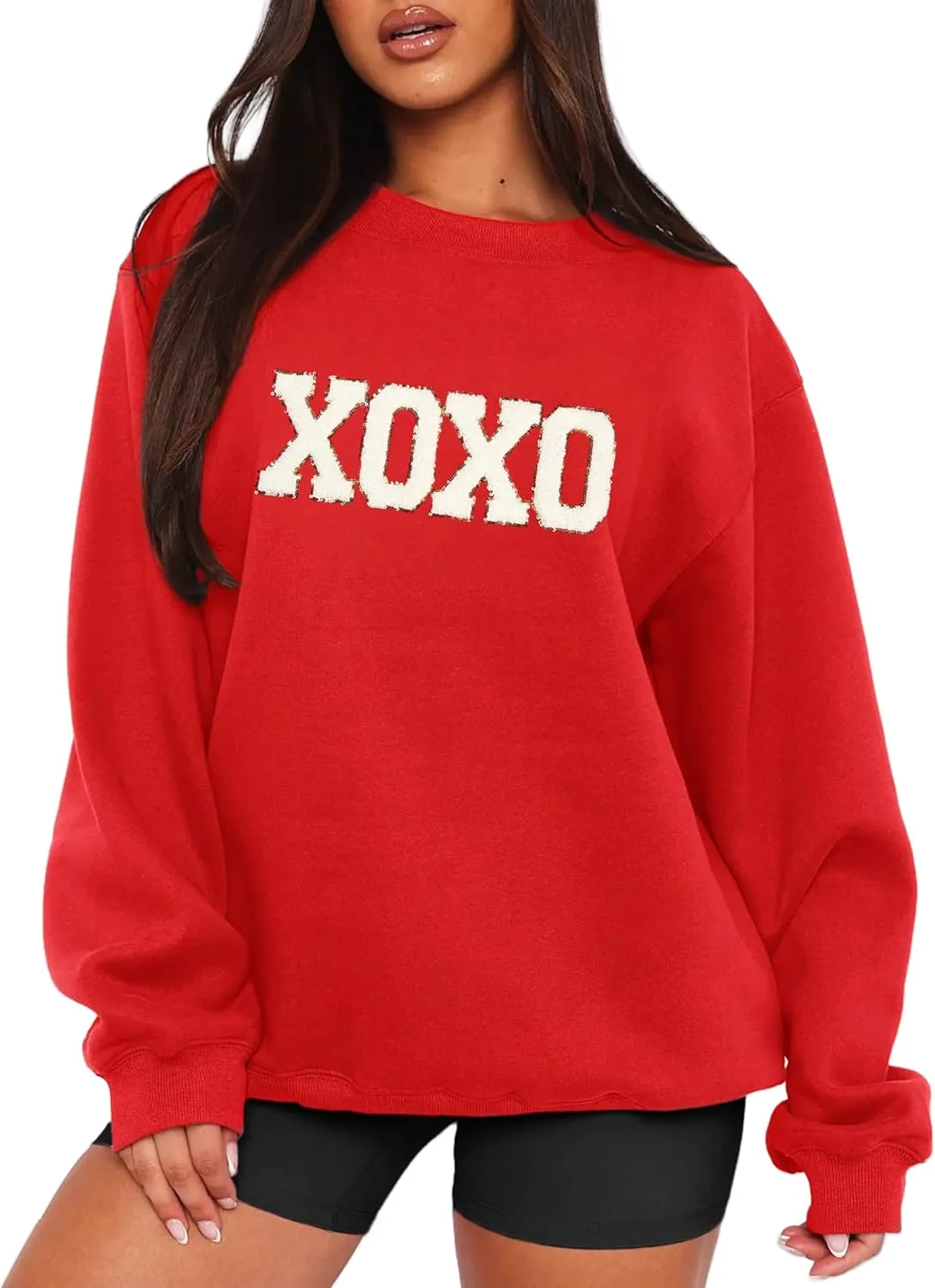 MAPICK Valentine Sweatshirts for Women Funny Letter Printed Chenille Patch Pullover Sweaters Long Sleeve Oversized Tops