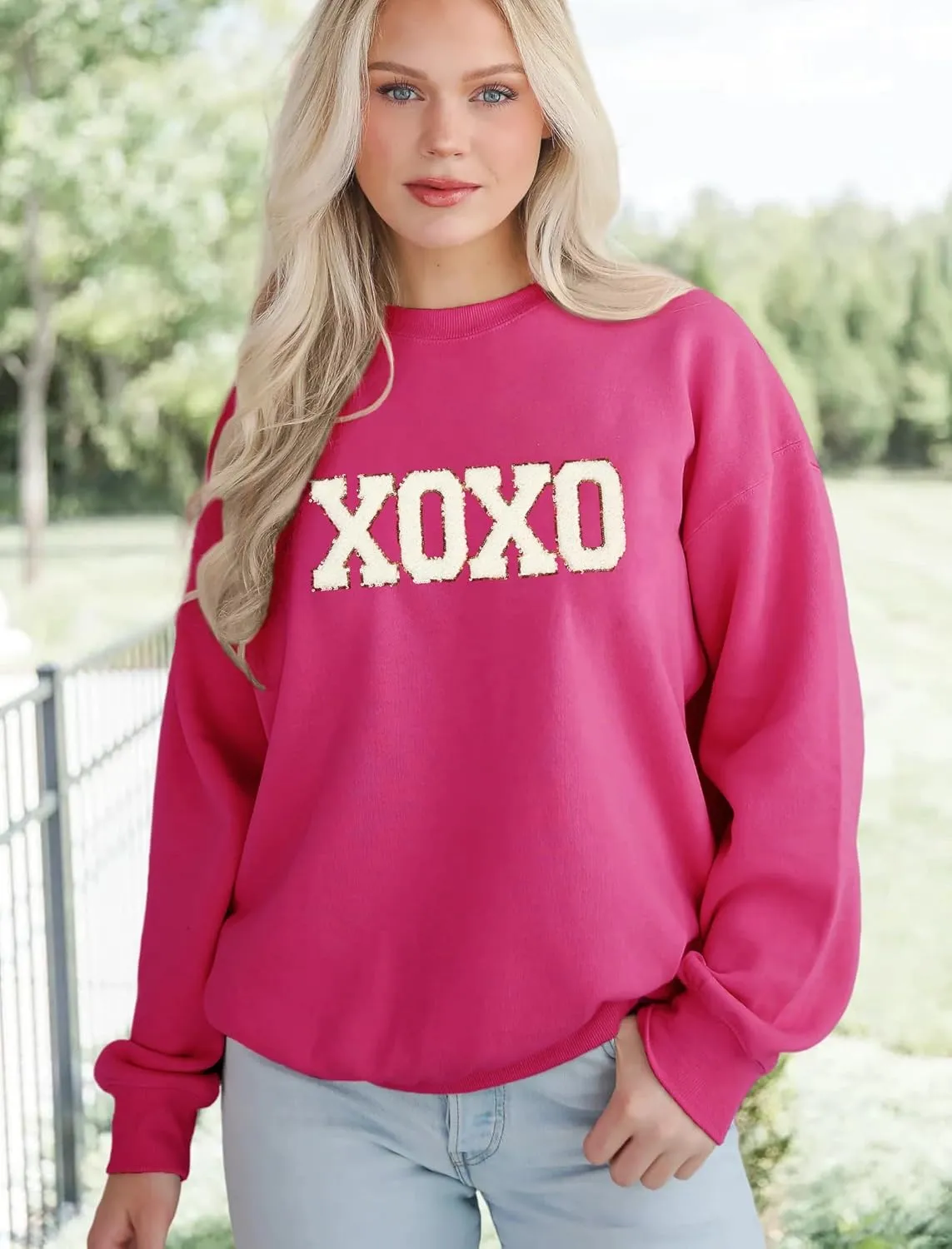 MAPICK Valentine Sweatshirts for Women Funny Letter Printed Chenille Patch Pullover Sweaters Long Sleeve Oversized Tops