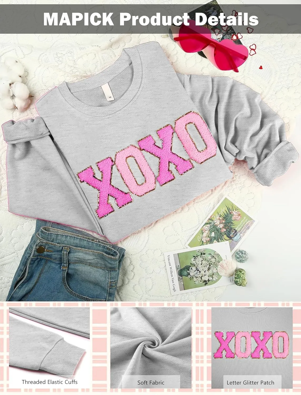 MAPICK Valentine Sweatshirts for Women Funny Letter Printed Chenille Patch Pullover Sweaters Long Sleeve Oversized Tops
