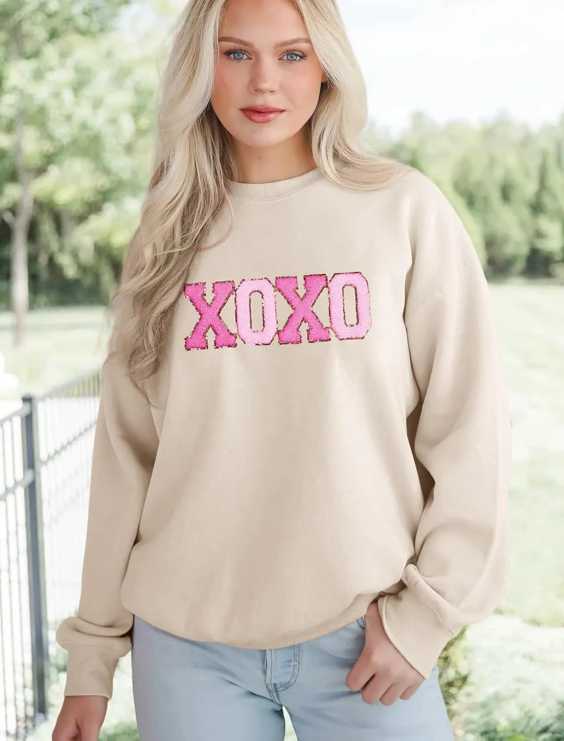 MAPICK Valentine Sweatshirts for Women Funny Letter Printed Chenille Patch Pullover Sweaters Long Sleeve Oversized Tops