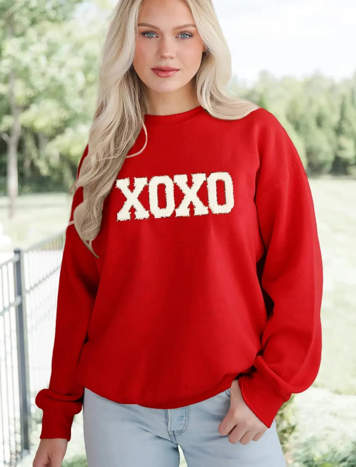 MAPICK Valentine Sweatshirts for Women Funny Letter Printed Chenille Patch Pullover Sweaters Long Sleeve Oversized Tops