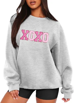MAPICK Valentine Sweatshirts for Women Funny Letter Printed Chenille Patch Pullover Sweaters Long Sleeve Oversized Tops