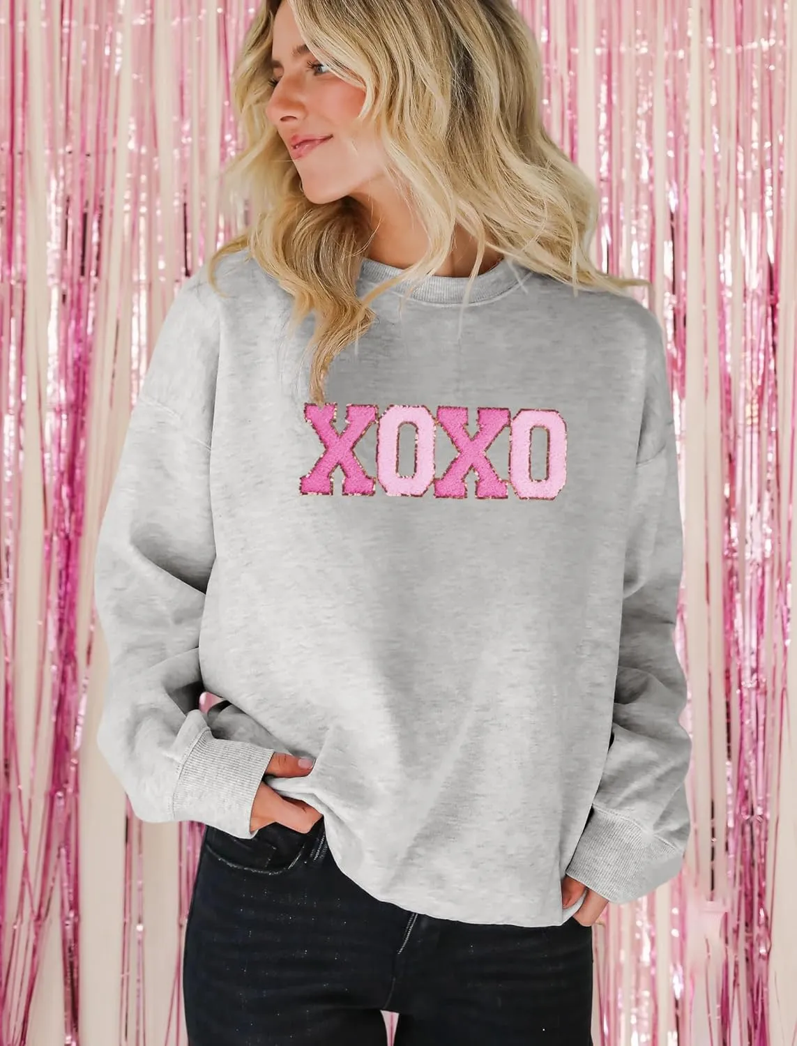 MAPICK Valentine Sweatshirts for Women Funny Letter Printed Chenille Patch Pullover Sweaters Long Sleeve Oversized Tops
