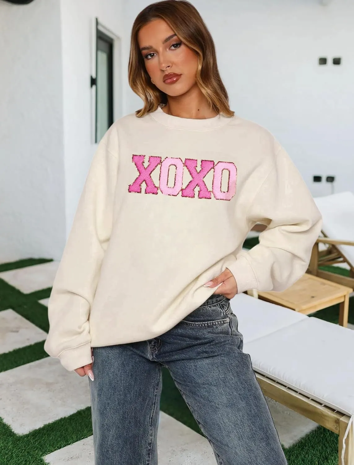 MAPICK Valentine Sweatshirts for Women Funny Letter Printed Chenille Patch Pullover Sweaters Long Sleeve Oversized Tops