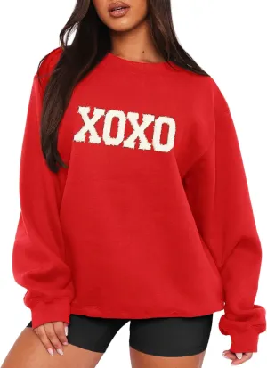 MAPICK Valentine Sweatshirts for Women Funny Letter Printed Chenille Patch Pullover Sweaters Long Sleeve Oversized Tops