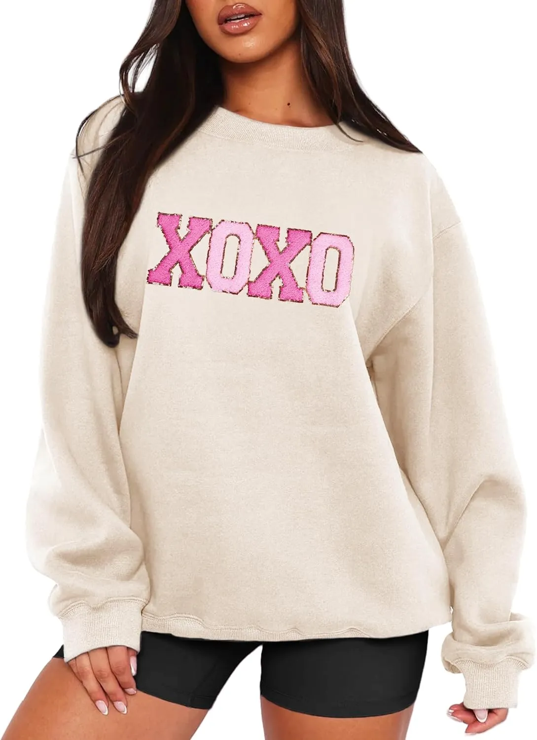 MAPICK Valentine Sweatshirts for Women Funny Letter Printed Chenille Patch Pullover Sweaters Long Sleeve Oversized Tops