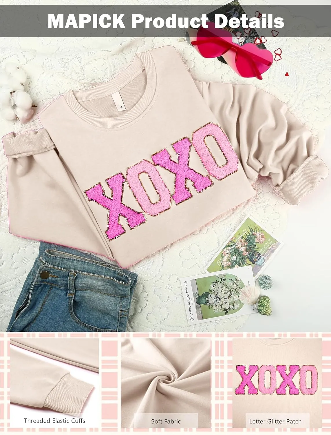 MAPICK Valentine Sweatshirts for Women Funny Letter Printed Chenille Patch Pullover Sweaters Long Sleeve Oversized Tops