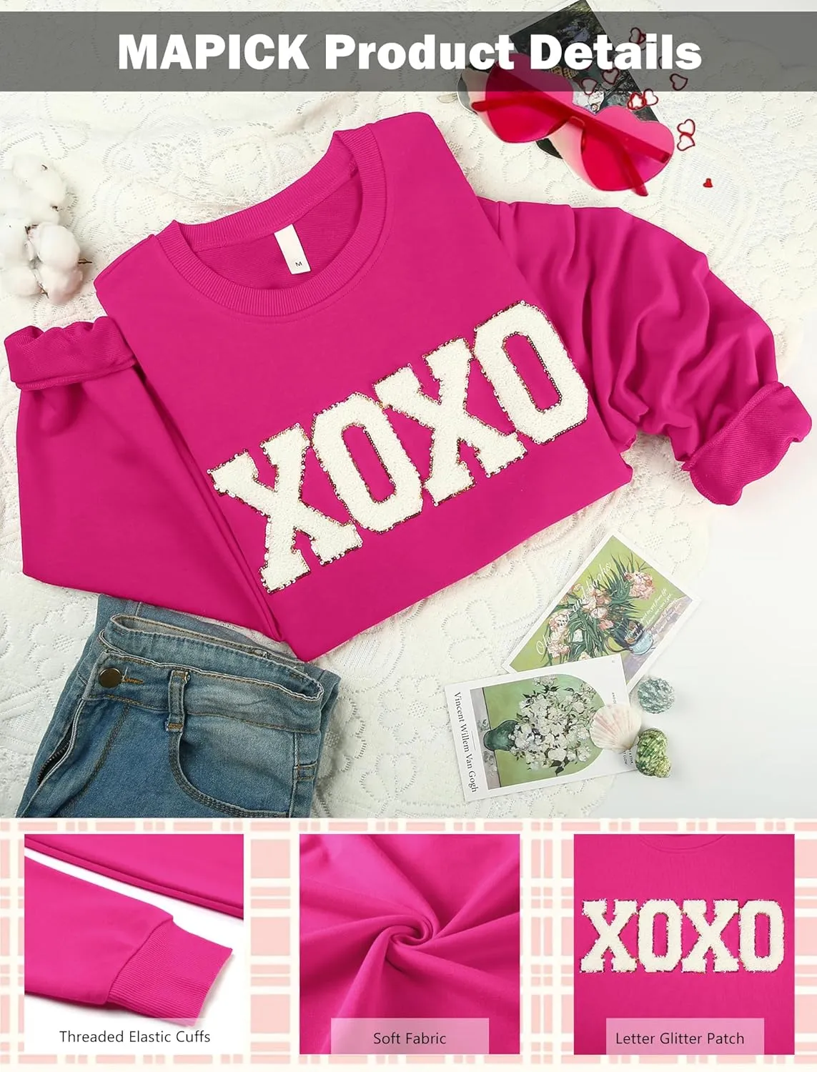 MAPICK Valentine Sweatshirts for Women Funny Letter Printed Chenille Patch Pullover Sweaters Long Sleeve Oversized Tops