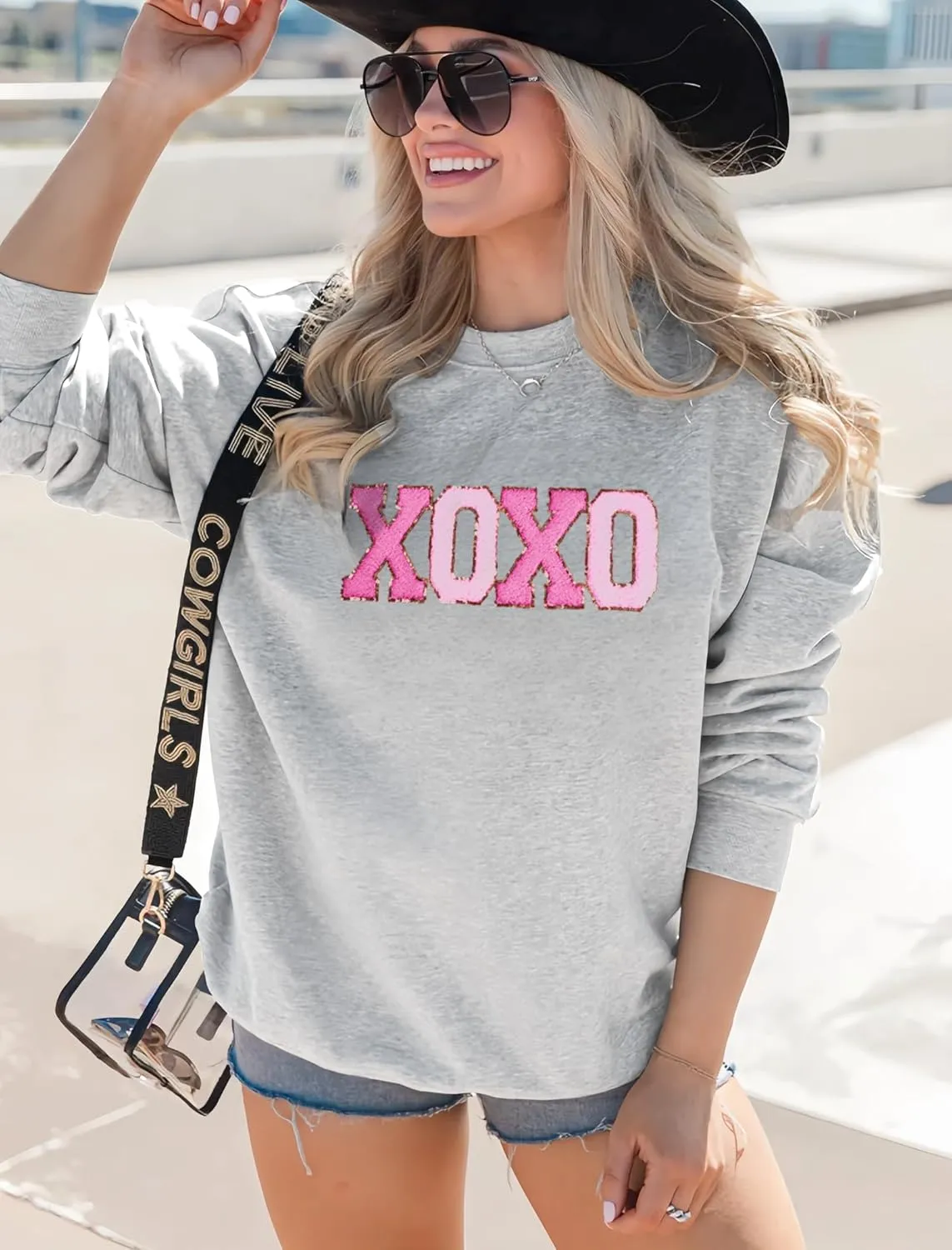 MAPICK Valentine Sweatshirts for Women Funny Letter Printed Chenille Patch Pullover Sweaters Long Sleeve Oversized Tops
