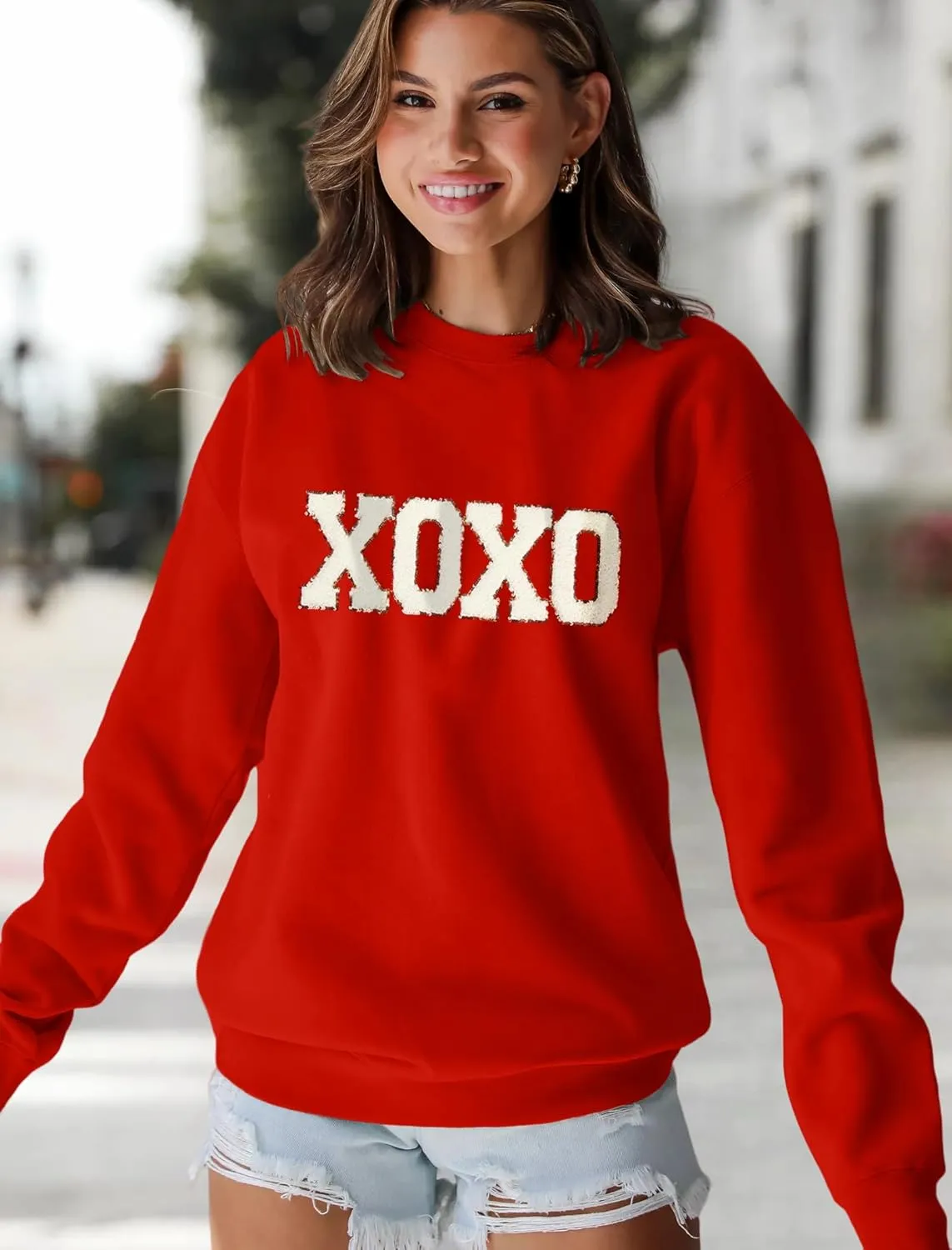 MAPICK Valentine Sweatshirts for Women Funny Letter Printed Chenille Patch Pullover Sweaters Long Sleeve Oversized Tops