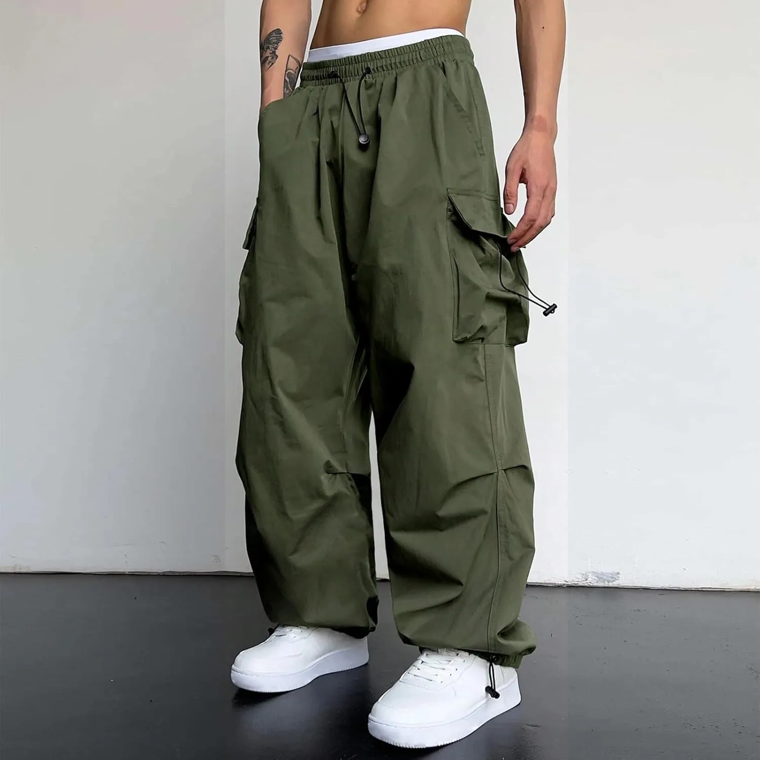 Men Baggy Cargo Pants Trendy Casual Parachute Pants Loose Harem Joggers Streetwear Drawstring Sweatpants with Pocket