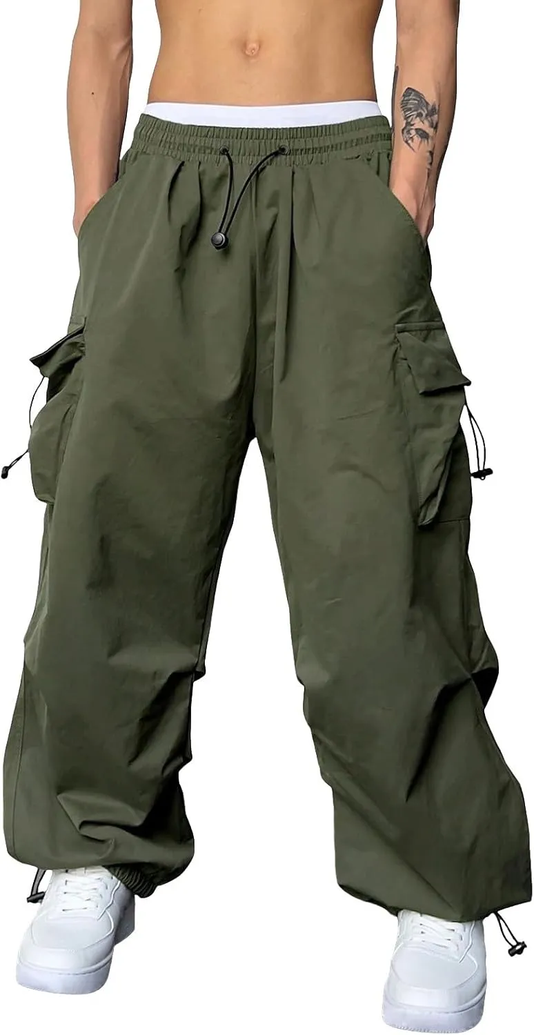Men Baggy Cargo Pants Trendy Casual Parachute Pants Loose Harem Joggers Streetwear Drawstring Sweatpants with Pocket