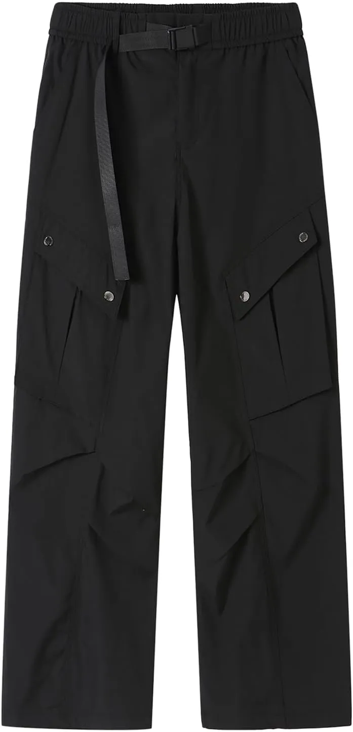 Men Cargo Pants Multi Pocket Elastic Waist Drawstring Wide Leg Trousers Thin Windproof Waterproof Sport Mountain Pant