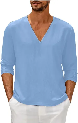 Men Linen Shirts Long Sleeve V Neck Cotton Comfy Spring Tees Shirt Solid Color Loose Fashion Sport 2025 Blouses Tops