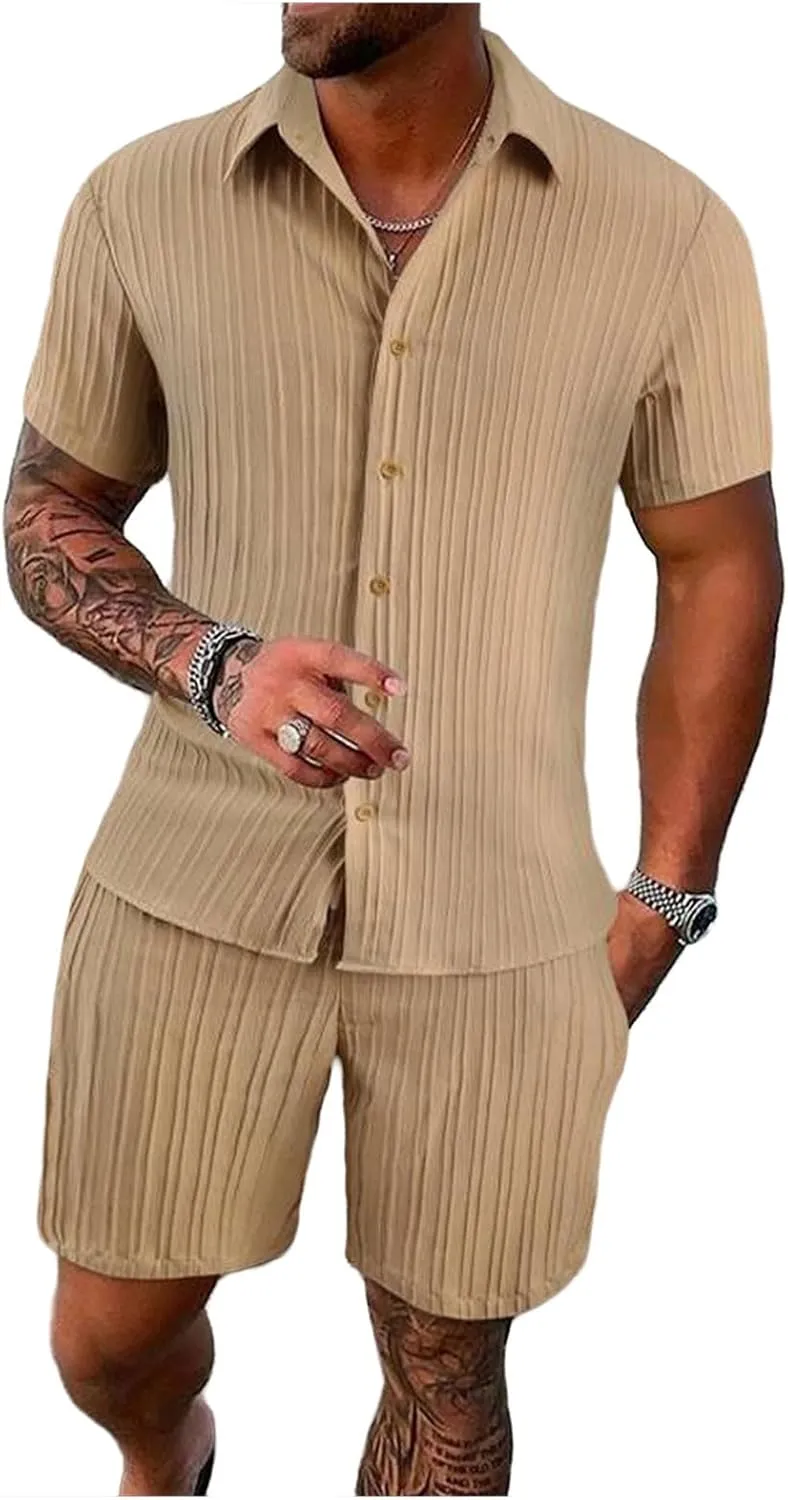 Men's 2 Pieces Cotton Linen Set Striped Jacquard Short Sleeve Shirt Short Sets Summer Beach Casual Tracksuits Outfit