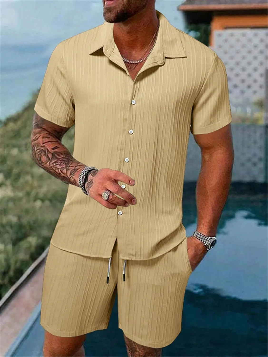 Men's 2 Pieces Cotton Linen Set Striped Jacquard Short Sleeve Shirt Short Sets Summer Beach Casual Tracksuits Outfit