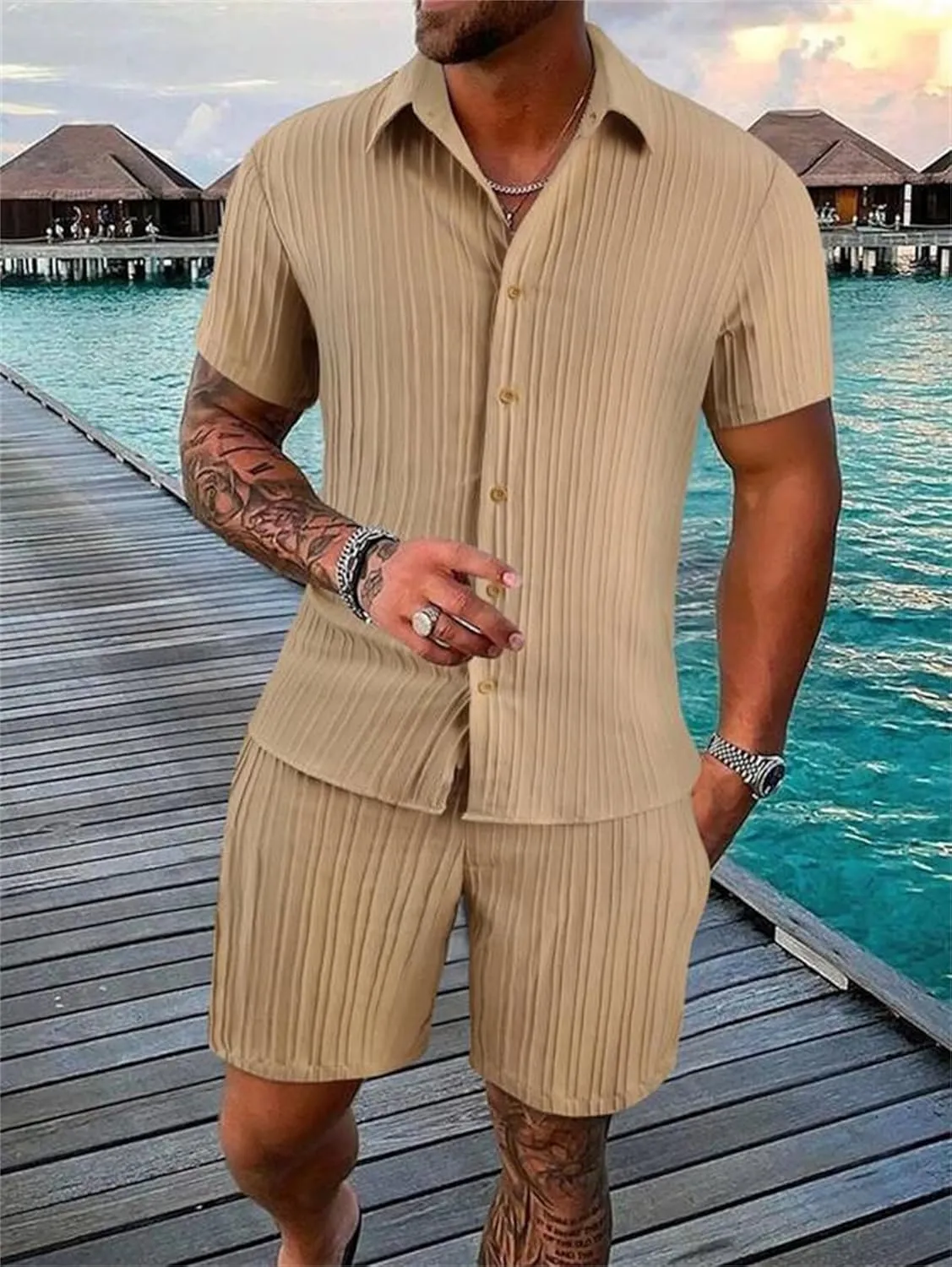 Men's 2 Pieces Cotton Linen Set Striped Jacquard Short Sleeve Shirt Short Sets Summer Beach Casual Tracksuits Outfit