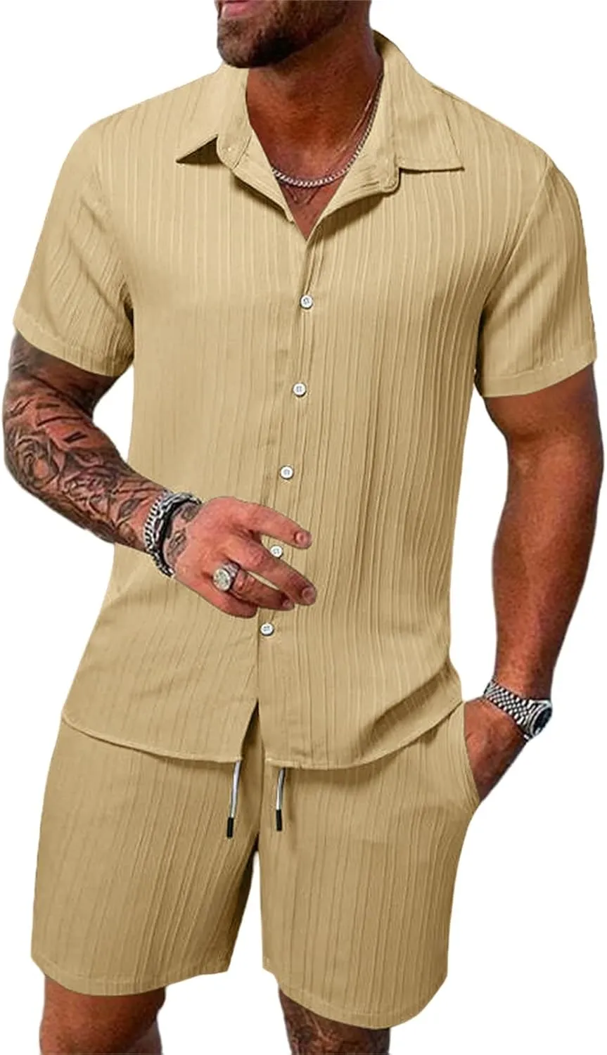Men's 2 Pieces Cotton Linen Set Striped Jacquard Short Sleeve Shirt Short Sets Summer Beach Casual Tracksuits Outfit