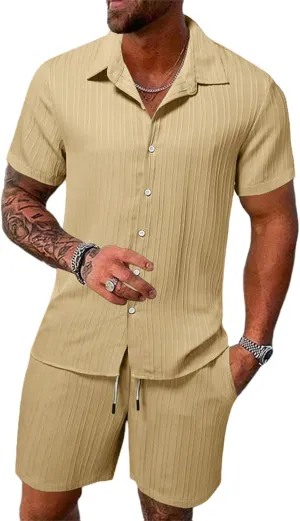 Men's 2 Pieces Cotton Linen Set Striped Jacquard Short Sleeve Shirt Short Sets Summer Beach Casual Tracksuits Outfit