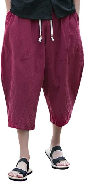 Mens 3/4 Linen Capri Pants Elastic Waist Casual Loose Baggy Harem Pant Summer Beach Yoga Shorts Cropped Trouser
