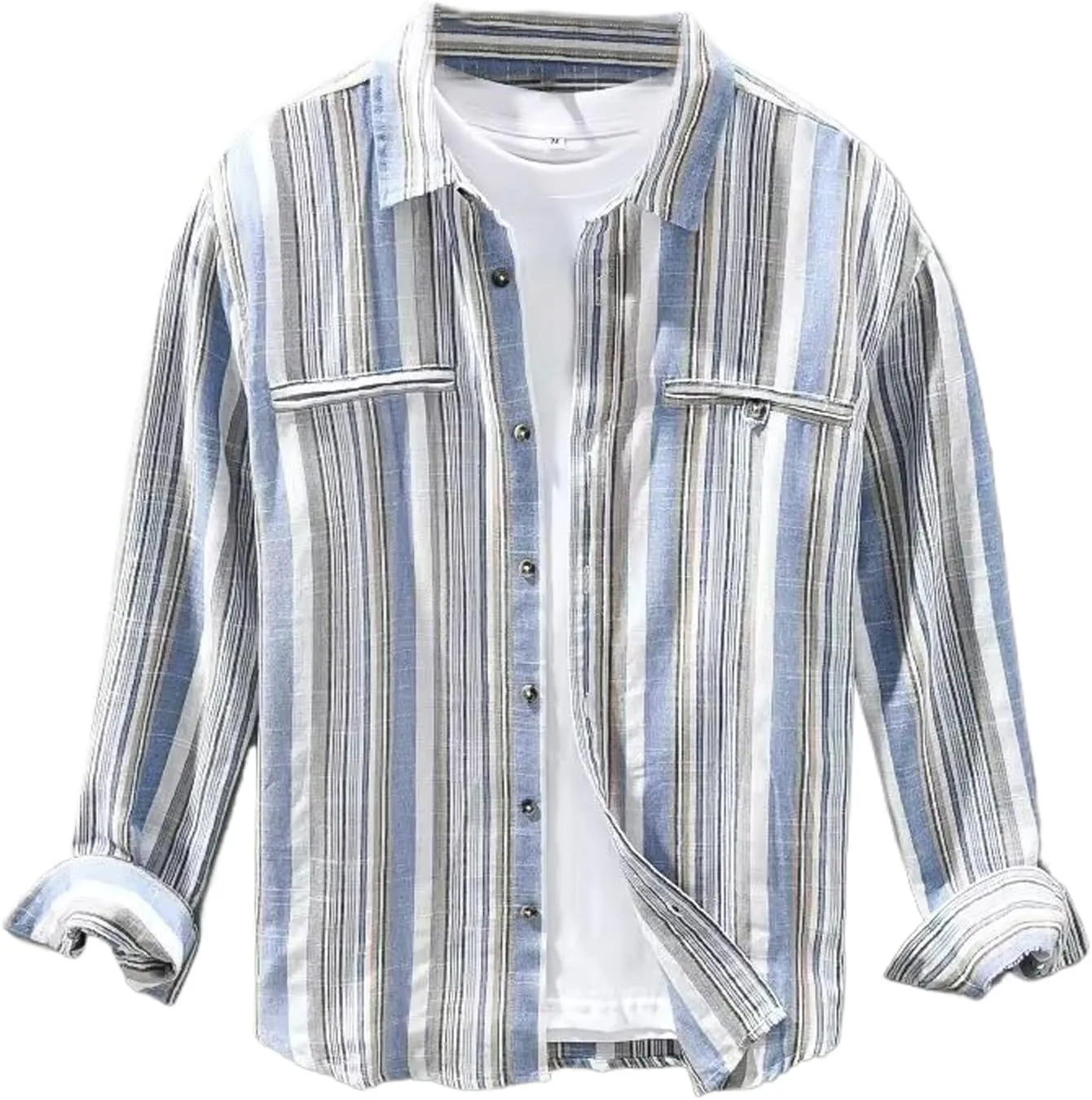 Men's Autumn Popular Striped Long Sleeved Shirt Cotton Linen Breathable Shirt