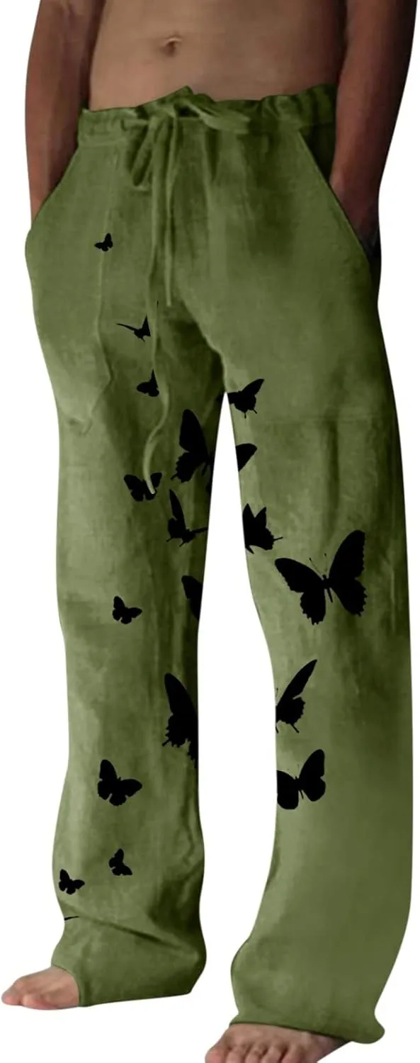 Mens Butterfly Print Harem Pants Summer Casual Japanese Pants 2024 Elastic Waist Yoga Pant Streetwear Hip Hop Pants