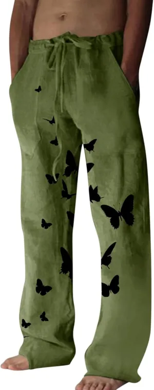 Mens Butterfly Print Harem Pants Summer Casual Japanese Pants 2024 Elastic Waist Yoga Pant Streetwear Hip Hop Pants