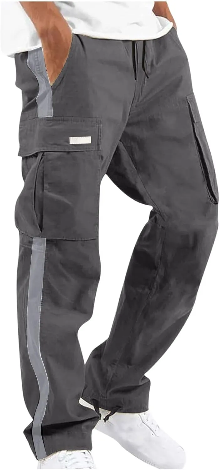 Mens Cargo Pants Drawstring Cotton Workout Joggers Relaxed Straight Work Pants Athletic Pants with Pockets Outdoor