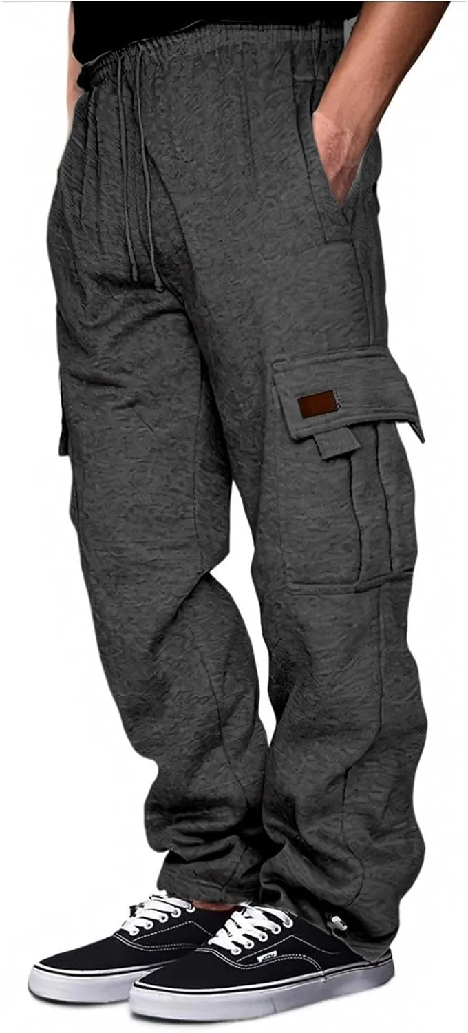 Men's Cargo Sweatpants Heavyweight Fleece Joggers Loose Fit Open Bottom Workout Athletic Pants with Pockets