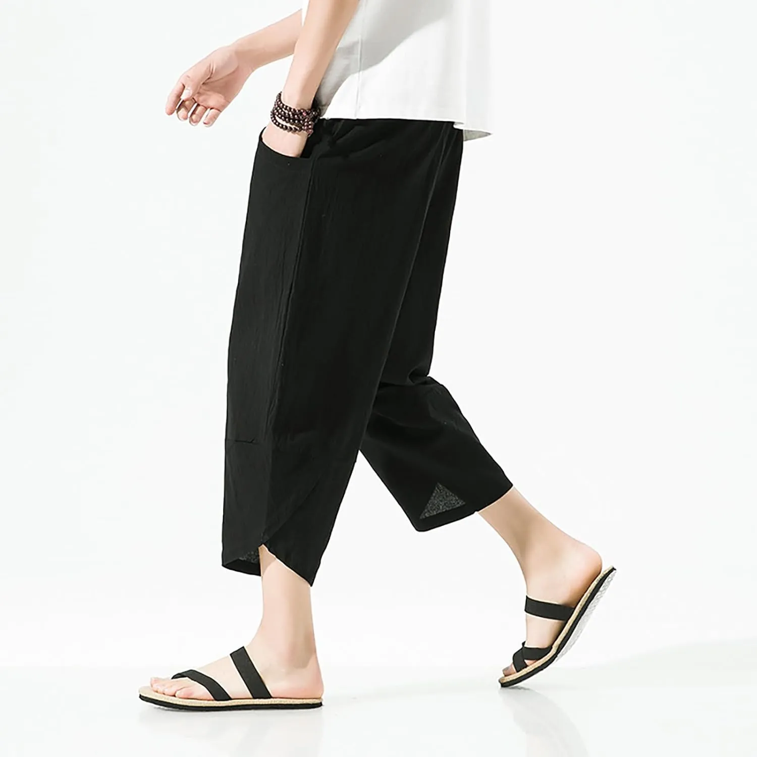 Mens Casual Baggy Cotton Linen Pocket Lounge Harem Pants Beach Long Shorts Below Knee Loose Fit Linen Pants
