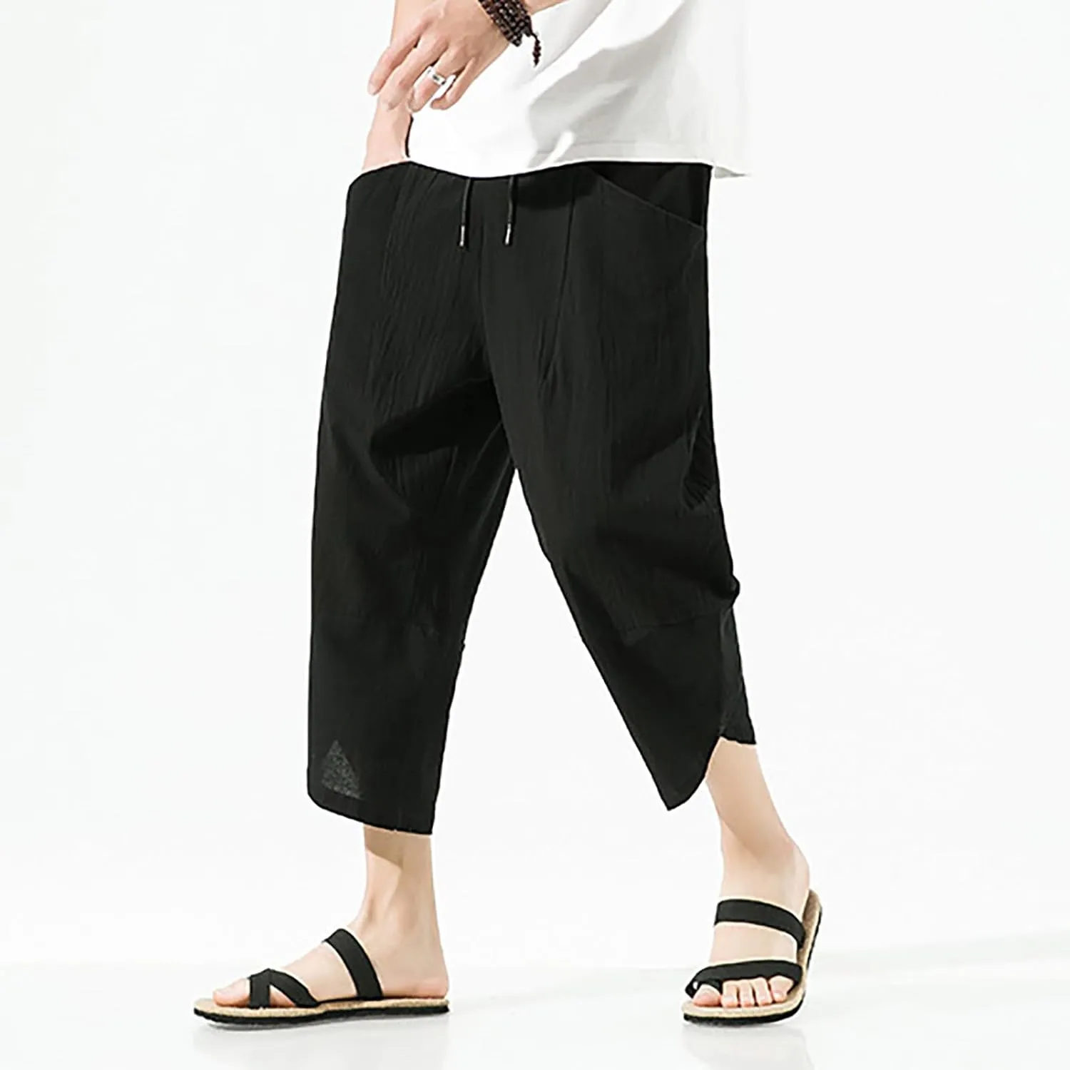 Mens Casual Baggy Cotton Linen Pocket Lounge Harem Pants Beach Long Shorts Below Knee Loose Fit Linen Pants