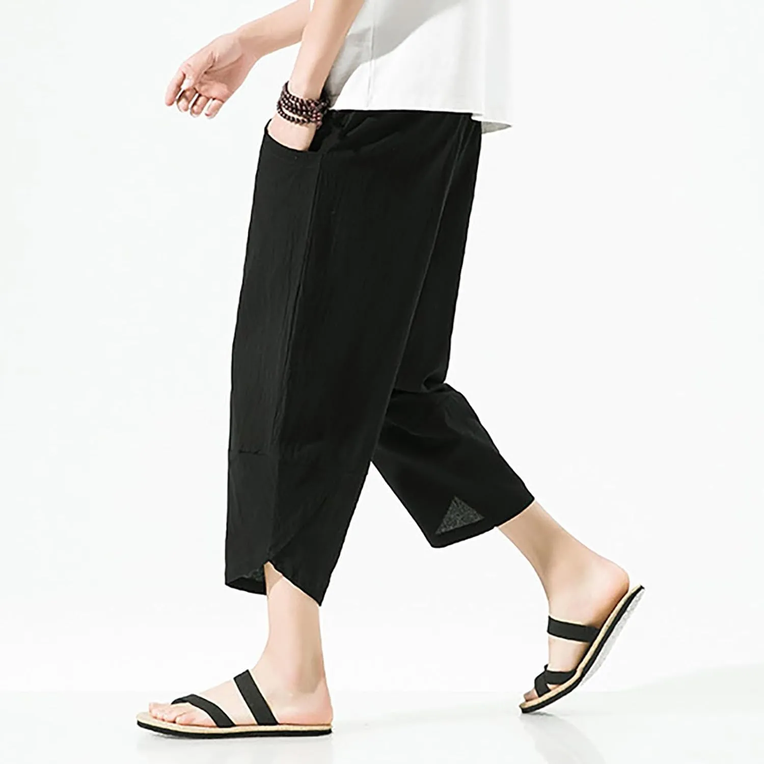 Mens Casual Baggy Cotton Linen Pocket Lounge Harem Pants Beach Long Shorts Below Knee Loose Fit Linen Pants
