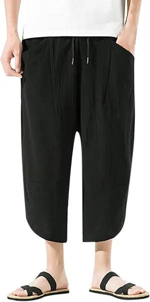 Mens Casual Baggy Cotton Linen Pocket Lounge Harem Pants Beach Long Shorts Below Knee Loose Fit Linen Pants