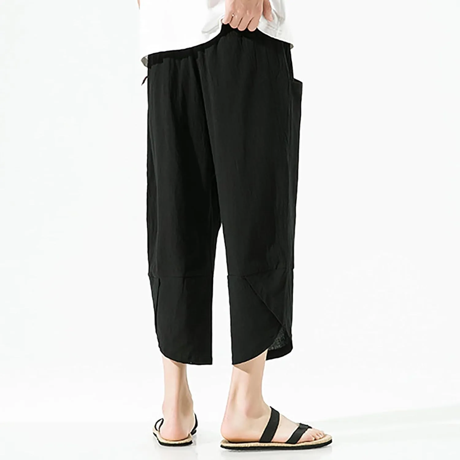 Mens Casual Baggy Cotton Linen Pocket Lounge Harem Pants Beach Long Shorts Below Knee Loose Fit Linen Pants